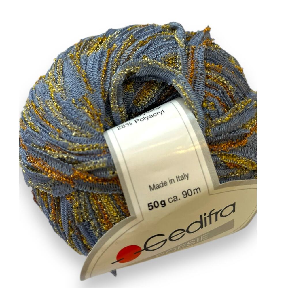 1 Ball Gedifra POESIE Bulky Ribbon Yarn | 2062 Blue-Gray Gold - Picture 5 of 6